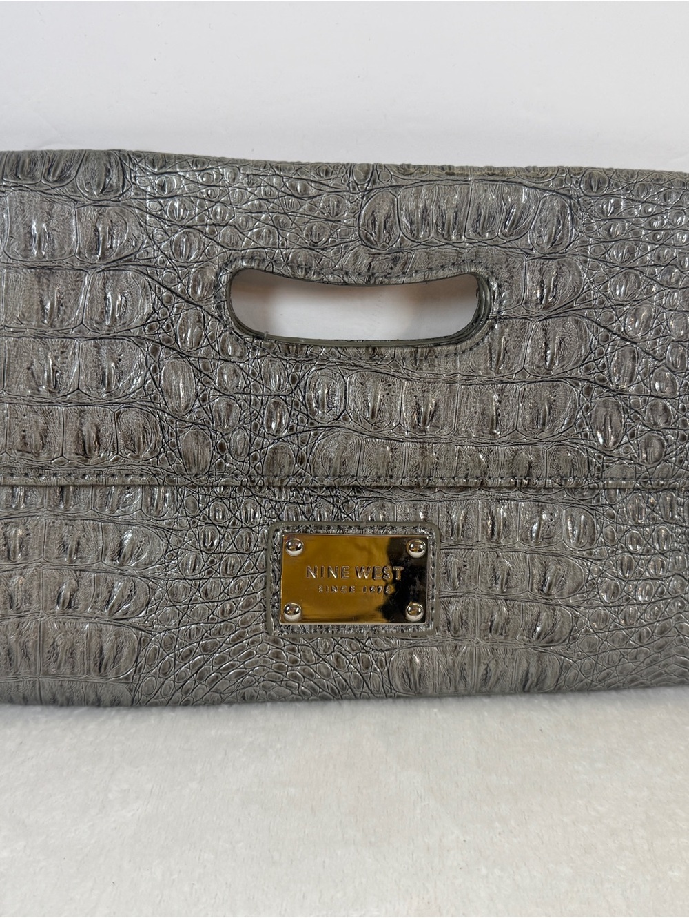 Nine West Metallic Gray Croc-Embossed Foldover Clutch